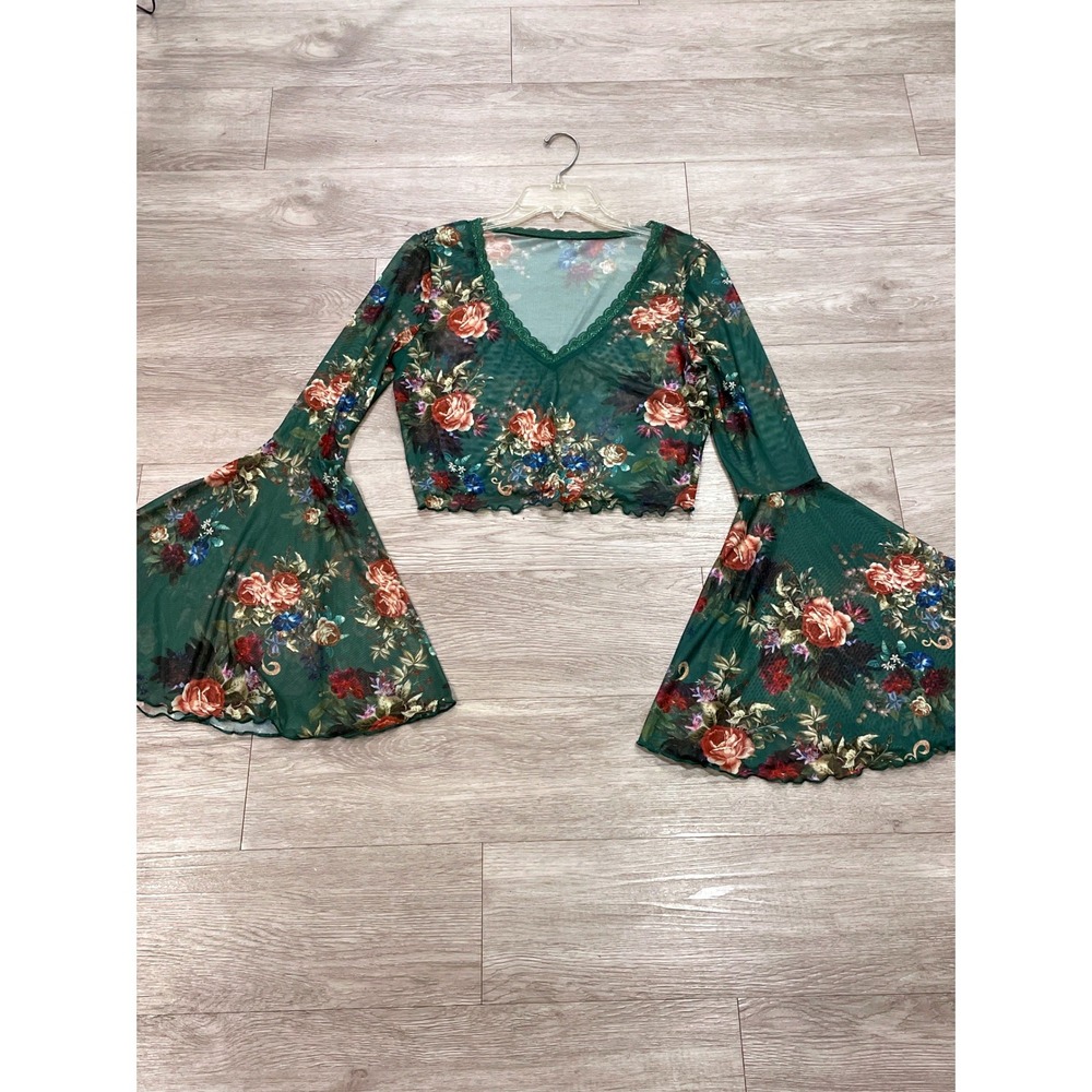 Y2K Boho Whimsigoth Floral Top Sheer Hippie See Through Green Bell Sleeves READ